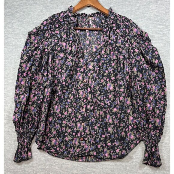 Free People Meant to Be Blouse M Black Floral Puff Boho Romantic - Picture 1 of 6